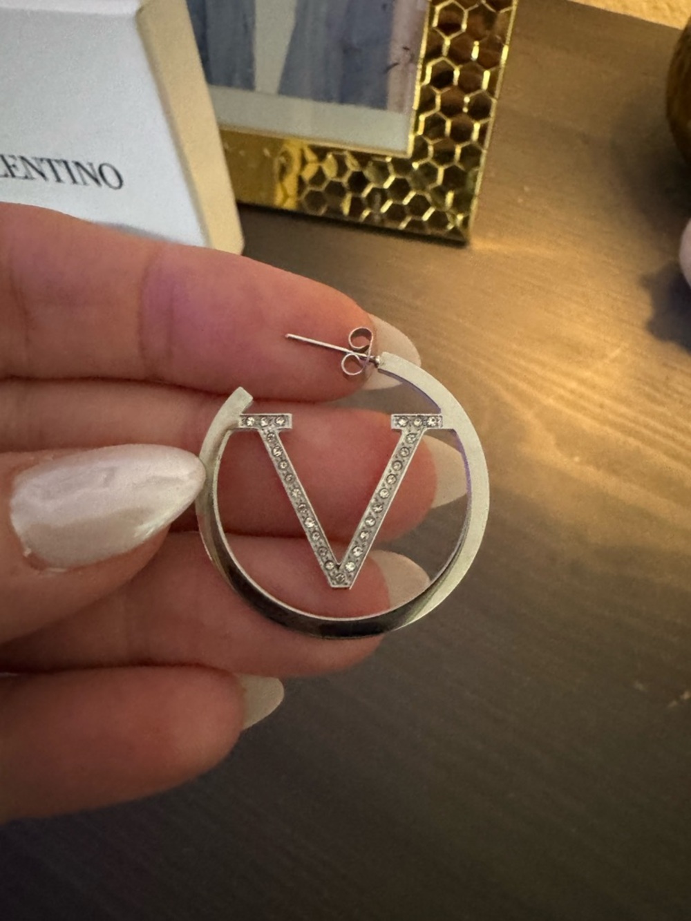 Silver Valentino  Hoop Earrings with Crystal Accents - Picture 7 of 8
